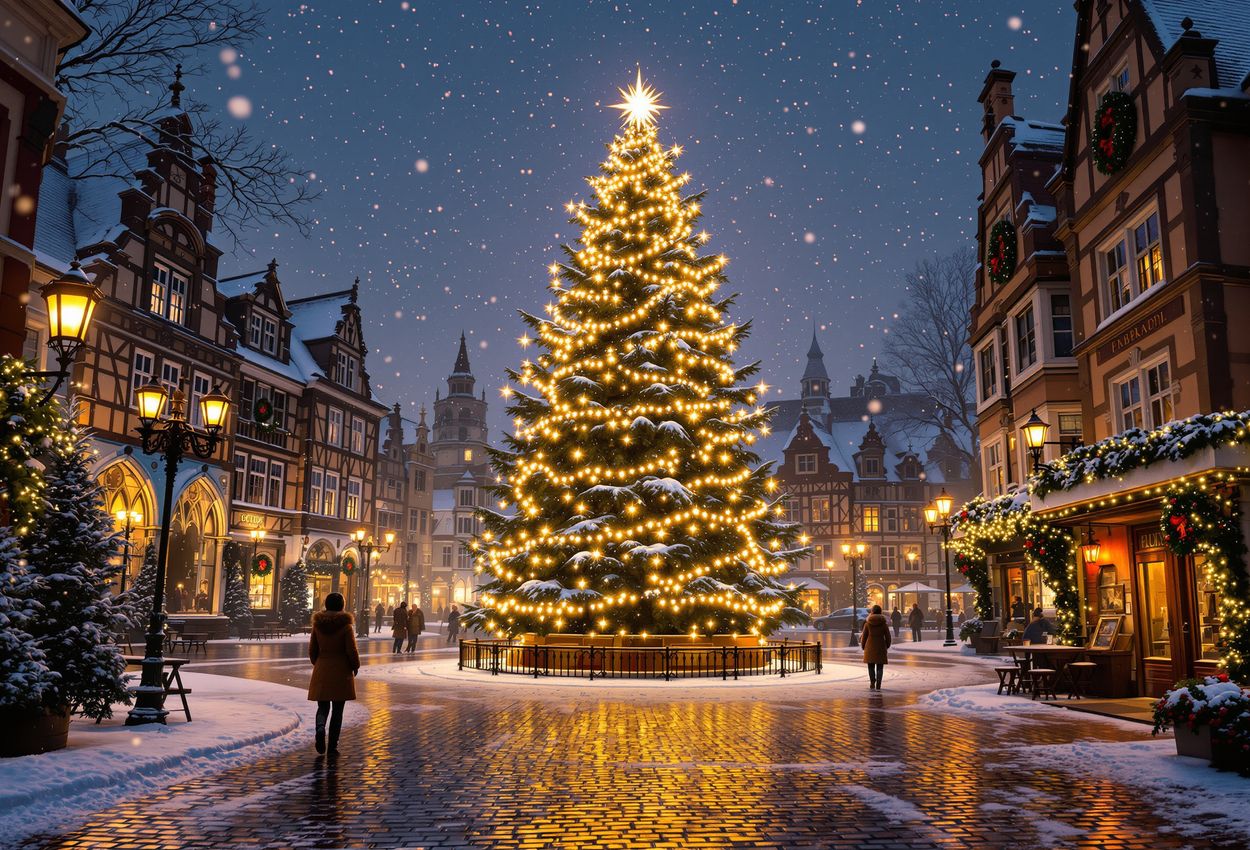 A twilight view of a snow‑covered medieval town square, centered on a brilliantly lit Christmas tree surrounded by warmly lit shops and festively dressed people strolling through falling snow.