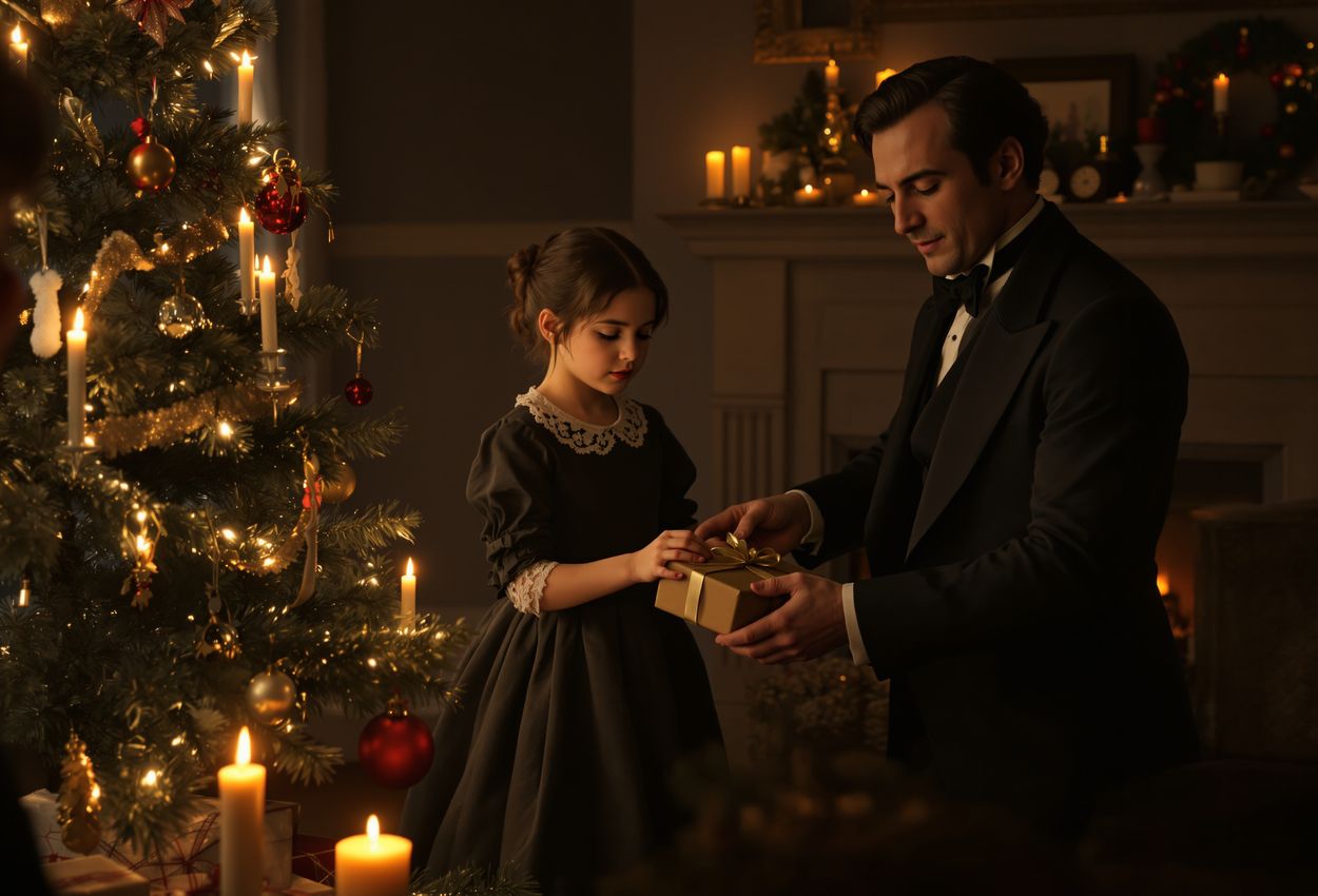 A warm 19th‑century parlor scene: a mother, father, and child gather around a modestly decorated Christmas tree with candles, homemade ornaments, fruits, and tinsel. Candlelight casts soft shadows across period clothing and textured decorations, evoking nostalgic, intimate holiday simplicity.