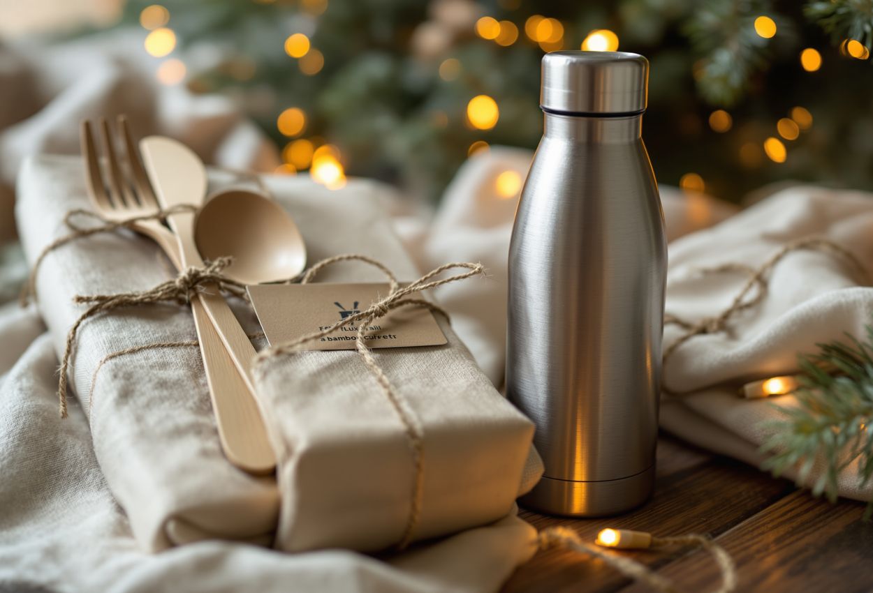 Close‑up of sustainable Christmas gifts wrapped in reusable fabric Close‑up landscape photo of eco‑friendly Christmas gifts wrapped in reusable linen and cotton fabric, tied with natural twine, with a softly blurred decorated fir tree background softly glowing with warm lights.