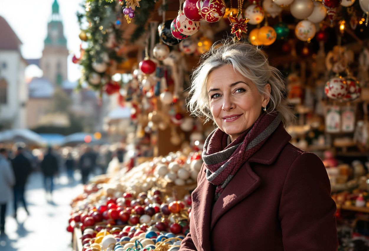 A daytime scene at Prague’s Old Town Square Christmas market showing a vendor displaying handcrafted Czech ornaments—glass baubles, wooden and straw decorations—in sharp focus, with blurred historical church spires in the background, softly lit by winter daylight.