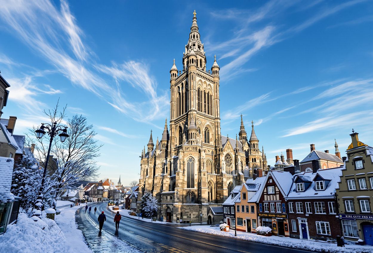 A clear, snow‑covered panoramic photograph of Cologne’s Old Town at dawn, focusing on the Romanesque Groß St. Martin church with its tall crossing tower, surrounded by historic buildings and glistening snow under a bright blue sky.