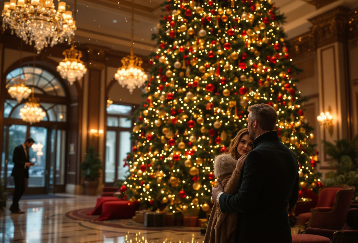 Evening view of a luxury hotel lobby in Prague on December 21, 2025. A couple in elegant evening wear stand before a richly decorated Christmas tree under warm golden lighting, with frosted windows and softly falling snow visible beyond.