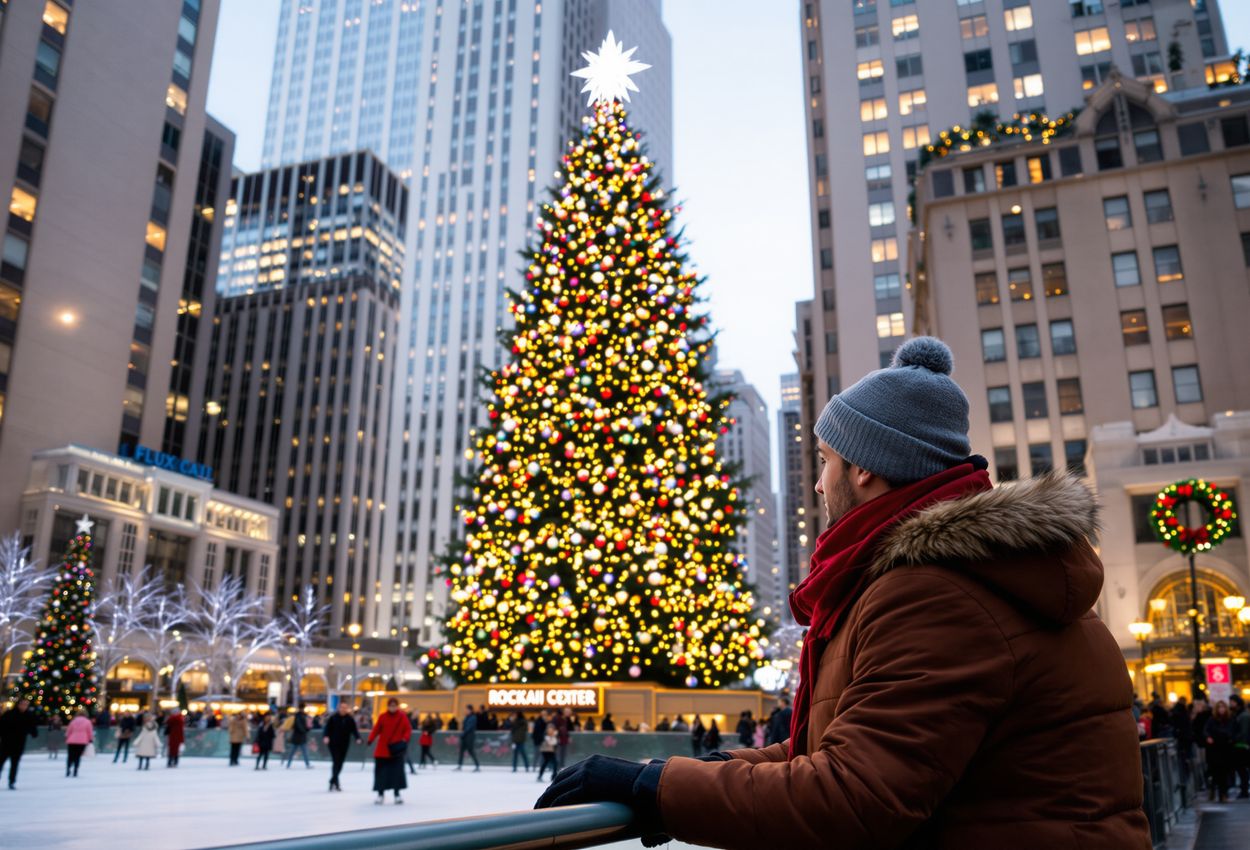 Rockefeller Center Christmas Tree and Skaters in Midday Holiday Magic, December 2025 A midmorning winter scene at Rockefeller Center: a 75‑foot Norway spruce crowned with a crystal star stands over the ice rink where skaters glide, sunlight and holiday architecture framing the festive scene.