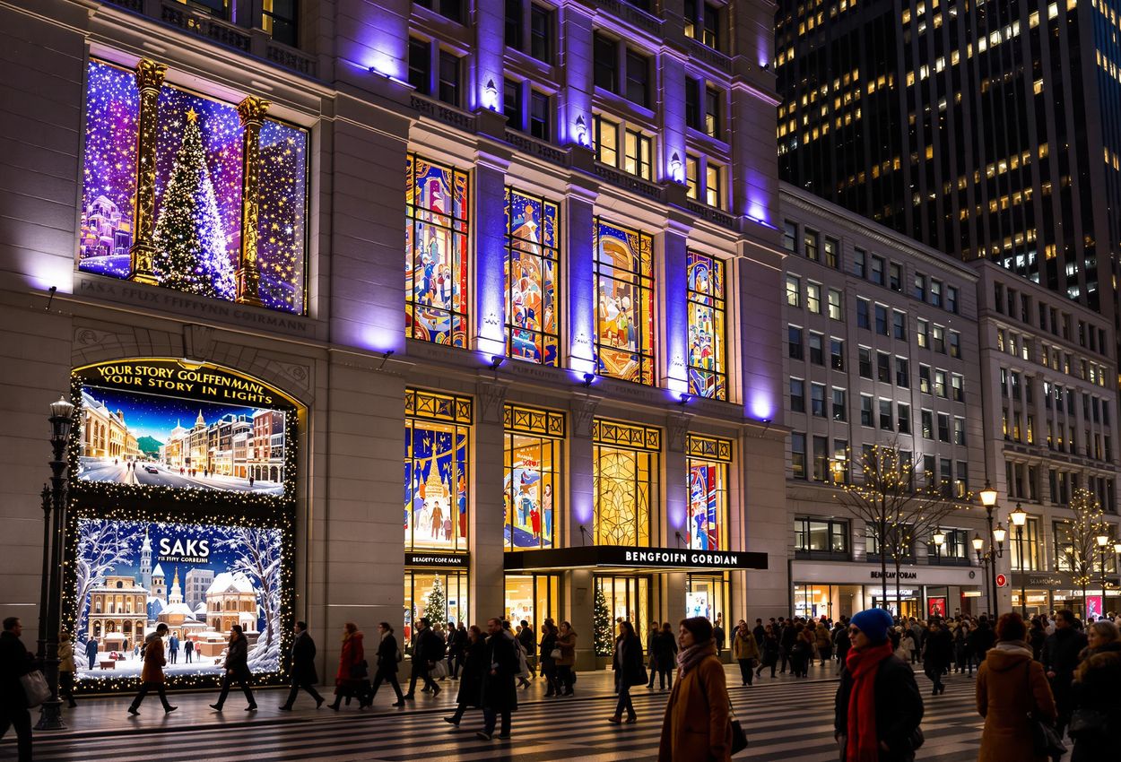 Festive Night on Fifth Avenue Featuring Saks and Bergdorf Goodman Holiday Displays A nighttime city scene showing Fifth Avenue department store façades with holiday window displays and a synchronized light show, bustling with stylish pedestrians and rich, realistic textures.