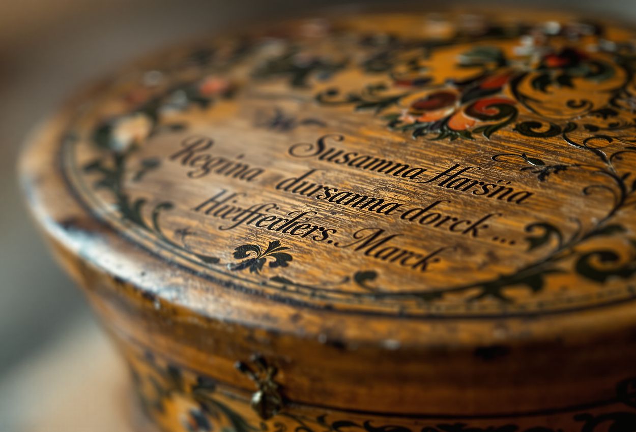 Close‑up of 17th‑century Nuremberg Christkindlesmarkt wooden box in glass case at Germanisches Nationalmuseum Image shows a close‑up of an oval wooden box from 17th‑century Nuremberg inside a glass display case. The focus is on the handwritten inscription referencing the early Christmas market, revealing textured aged wood, delicate painted flowers, and soft museum lighting that highlights historical detail.