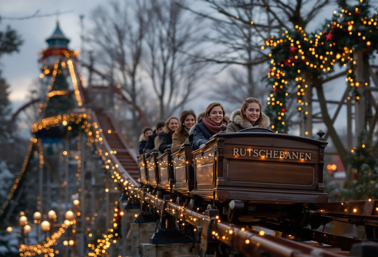 Evening ascent of the historic Rutschebanen wooden roller coaster at Tivoli Gardens in festive late‑November light A photo shows a wooden roller coaster at Tivoli Gardens ascending a first hill on a cold late‑November evening in Copenhagen. The vintage coaster cars and riders are illuminated by thousands of small Christmas lights, with visible breath vapor in the air and a softly lit, festive park atmosphere.