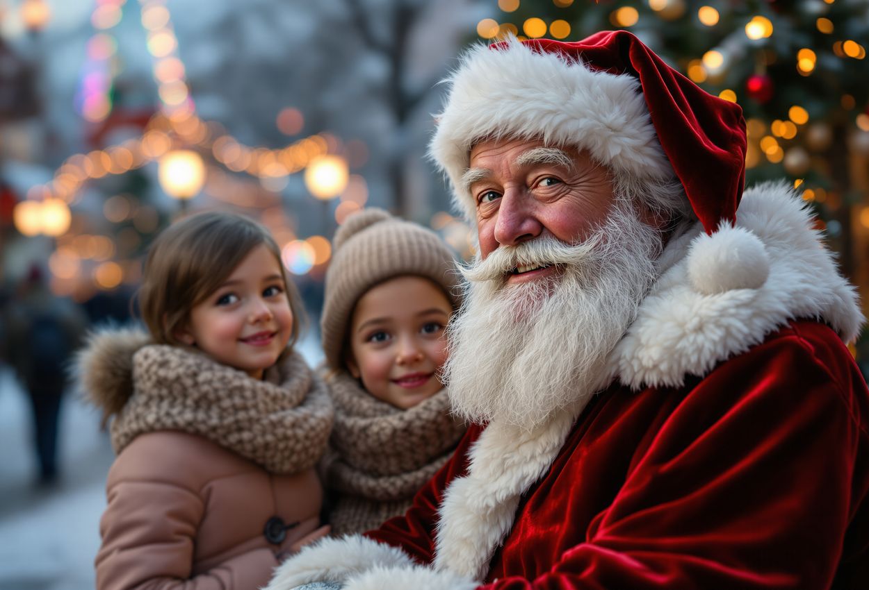 Santa Claus and children sharing Christmas wishes in Tivoli Gardens on a cold November evening, Copenhagen A warmly lit scene showing Santa Claus in a red velvet coat interacting with three children in winter jackets within Tivoli Gardens’ festively decorated Boulevardhaven on a cold late‑November evening in Copenhagen. Children’s expressions of wonder, fairy‑lit stalls, soft snowfall or frost, and glowing lights frame the magical moment.