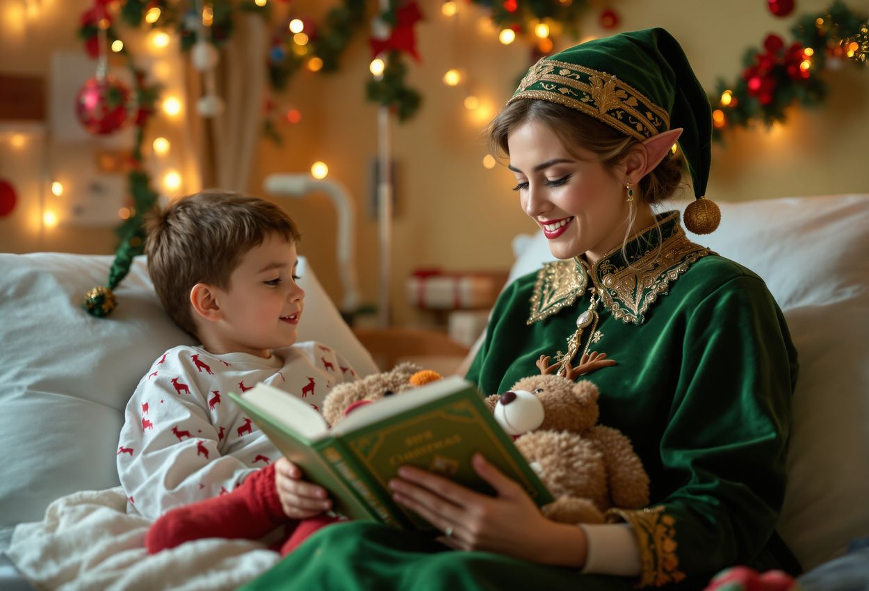 Volunteer reading Christmas story to child in warmly lit hospital room A softly lit hospital room decorated for Christmas, where a volunteer dressed as an elf reads a story to a smiling child holding a stuffed bear, capturing a tender and festive moment.