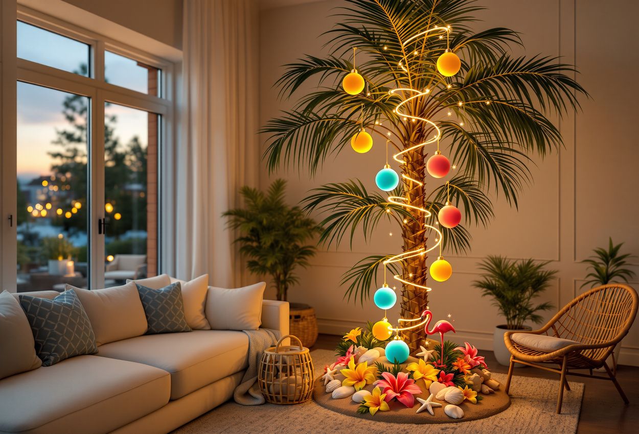 An evening interior photograph of a living room featuring a palm tree decorated for Christmas in July with beach ball ornaments, seashells, starfish and tropical flowers, illuminated by warm festive lights, captured with soft focus background and rich textures.
