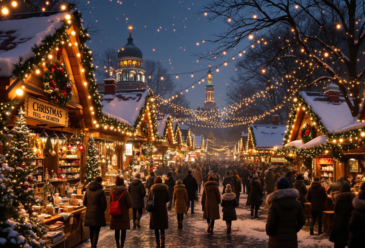 A landscape‑format twilight scene of a Berlin Christmas market on December 7, featuring wooden stalls with handcrafted ornaments, warmly lit under dusk sky with people in winter attire strolling and enjoying mulled wine in a festive, lively atmosphere.