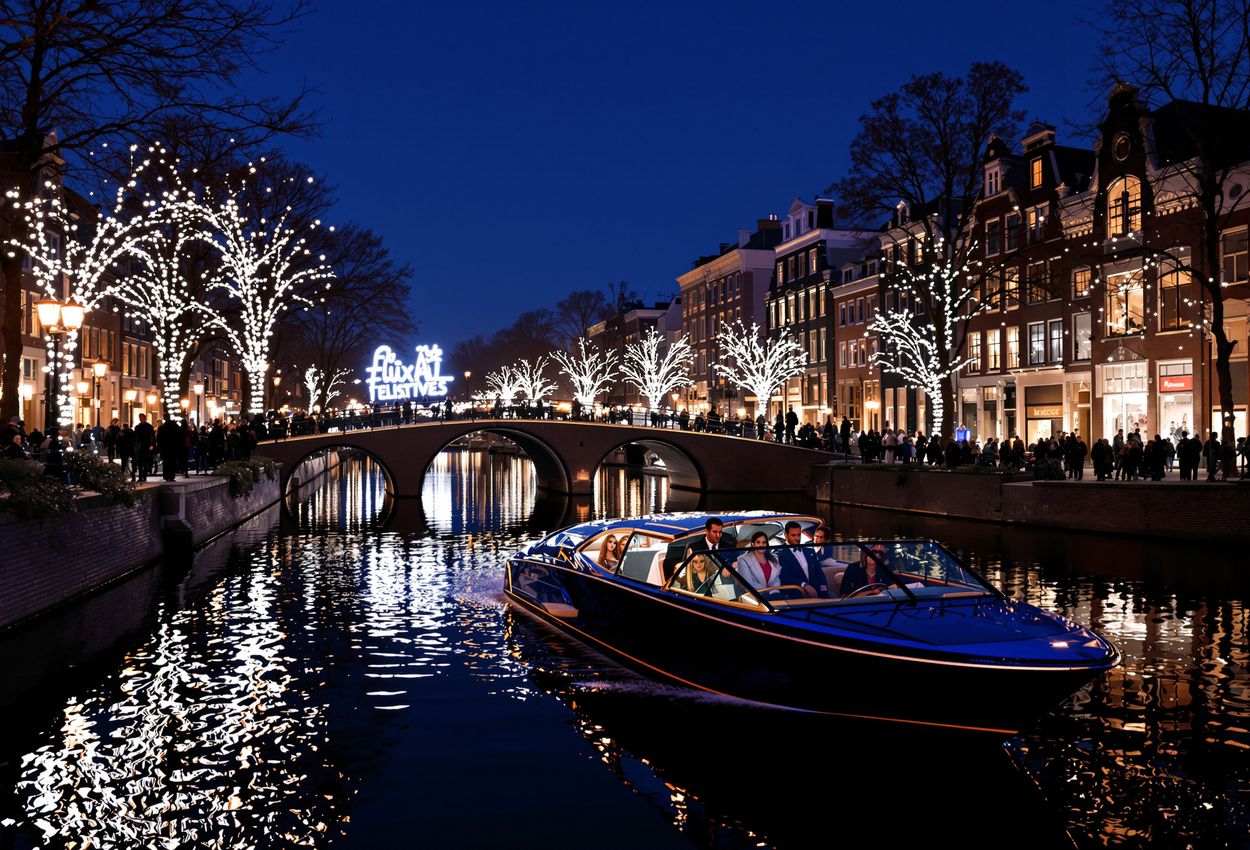 Nighttime Amsterdam Light Festival cruise over canal with luminous installations An ultra‑realistic night scene showing an electric canal cruise gliding through Amsterdam’s historic canal, surrounded by glowing light art installations reflected on the water, elegant winter‑dressed passengers, and classic canal houses under a deep blue sky.
