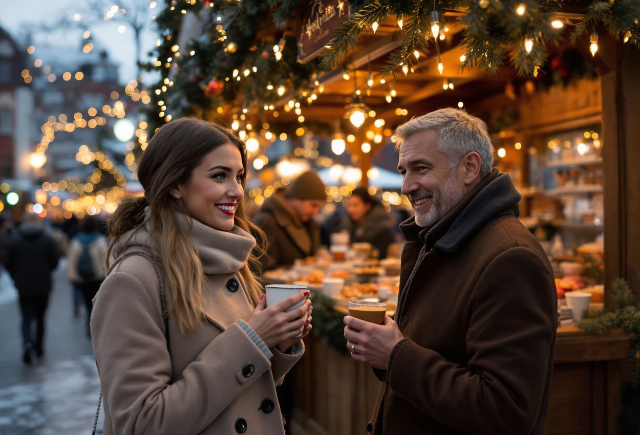 A snowy evening scene at the Québec City German Christmas Market. A wooden chalet‑style kiosk glows under warm lights offering glühwein, pretzels and gingerbread. Nearby, a woman in a stylish coat holds a steaming mug, and a vendor serves festive treats. Snow‑dusted cobblestones and historic stone buildings frame the rich, atmospheric setting.