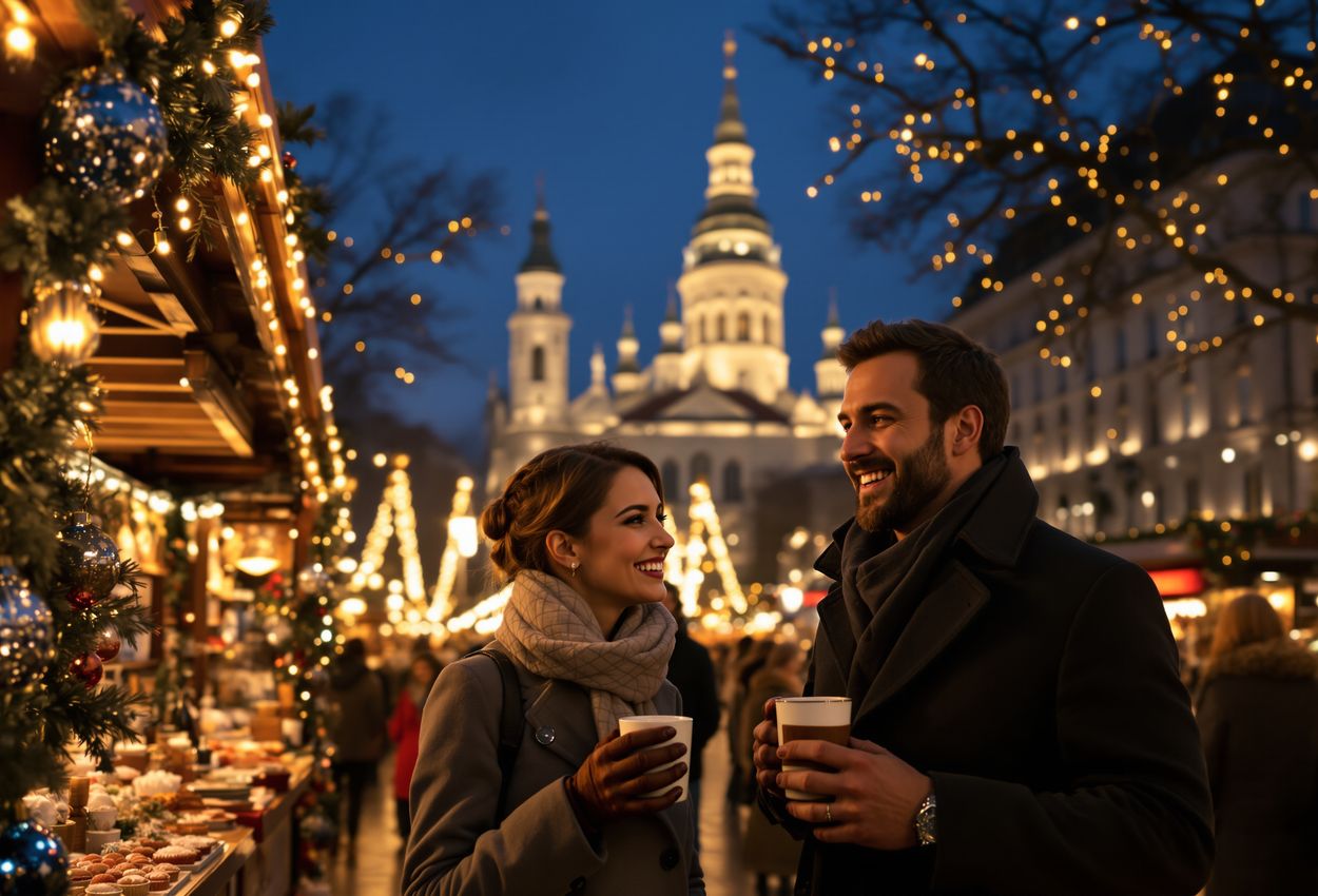 A twilight view of Vienna’s Stephansplatz Christmas market showing warmly lit wooden stalls, elegantly dressed patrons, and the illuminated Gothic St. Stephen’s Cathedral under a deep blue sky.