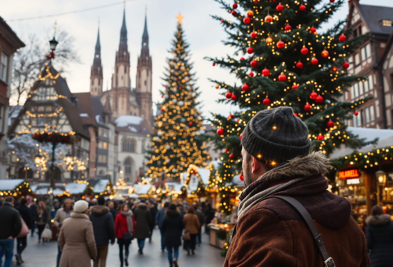 A vivid daytime photograph of Strasbourg’s Place Kléber on November 28, 2025: a majestic Christmas tree rises above wooden chalets selling local Alsatian specialties, in front of historic architecture, with stylishly dressed visitors enjoying the market in soft natural light.