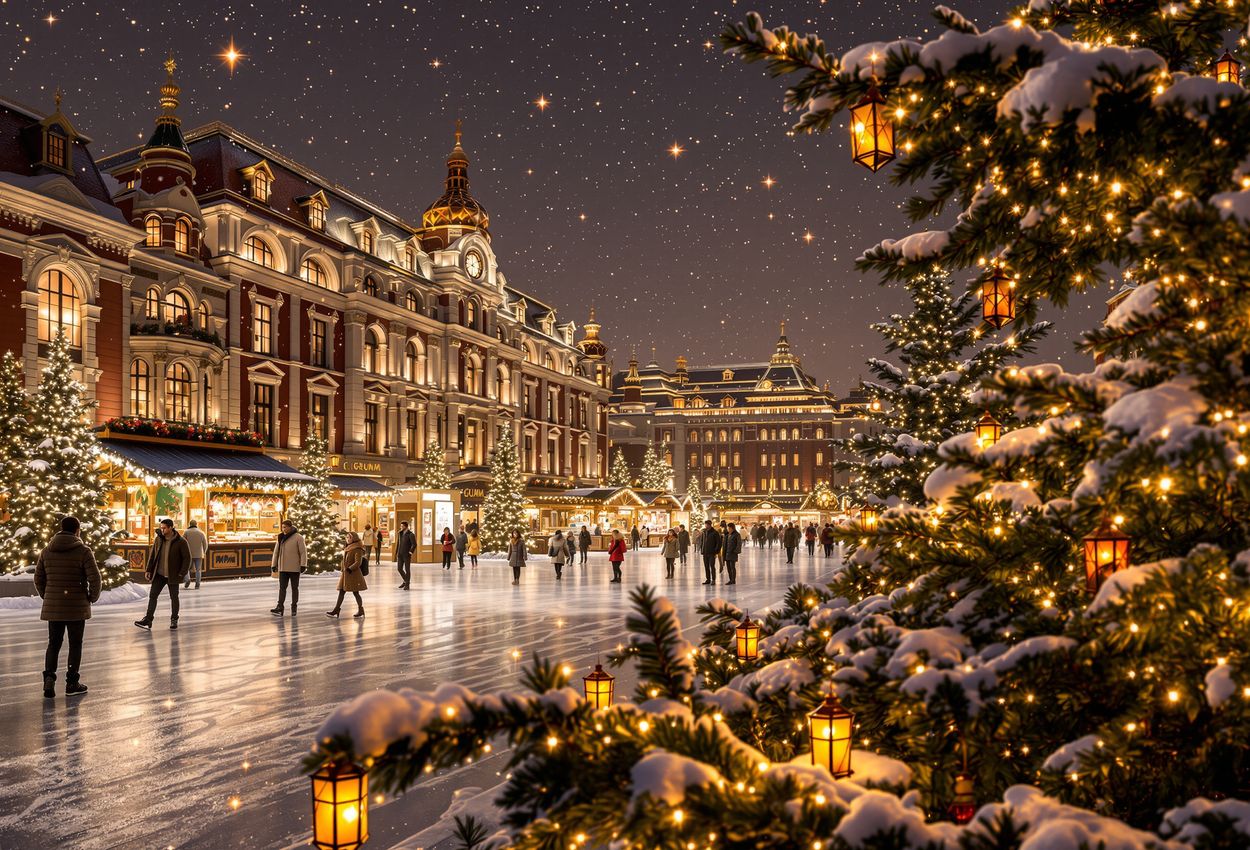 A night‑time winter scene in Moscow’s Red Square: warmly lit GUM department store façade, ornate Christmas market stalls, an ice rink with skaters, glowing festive lights, Saint Basil