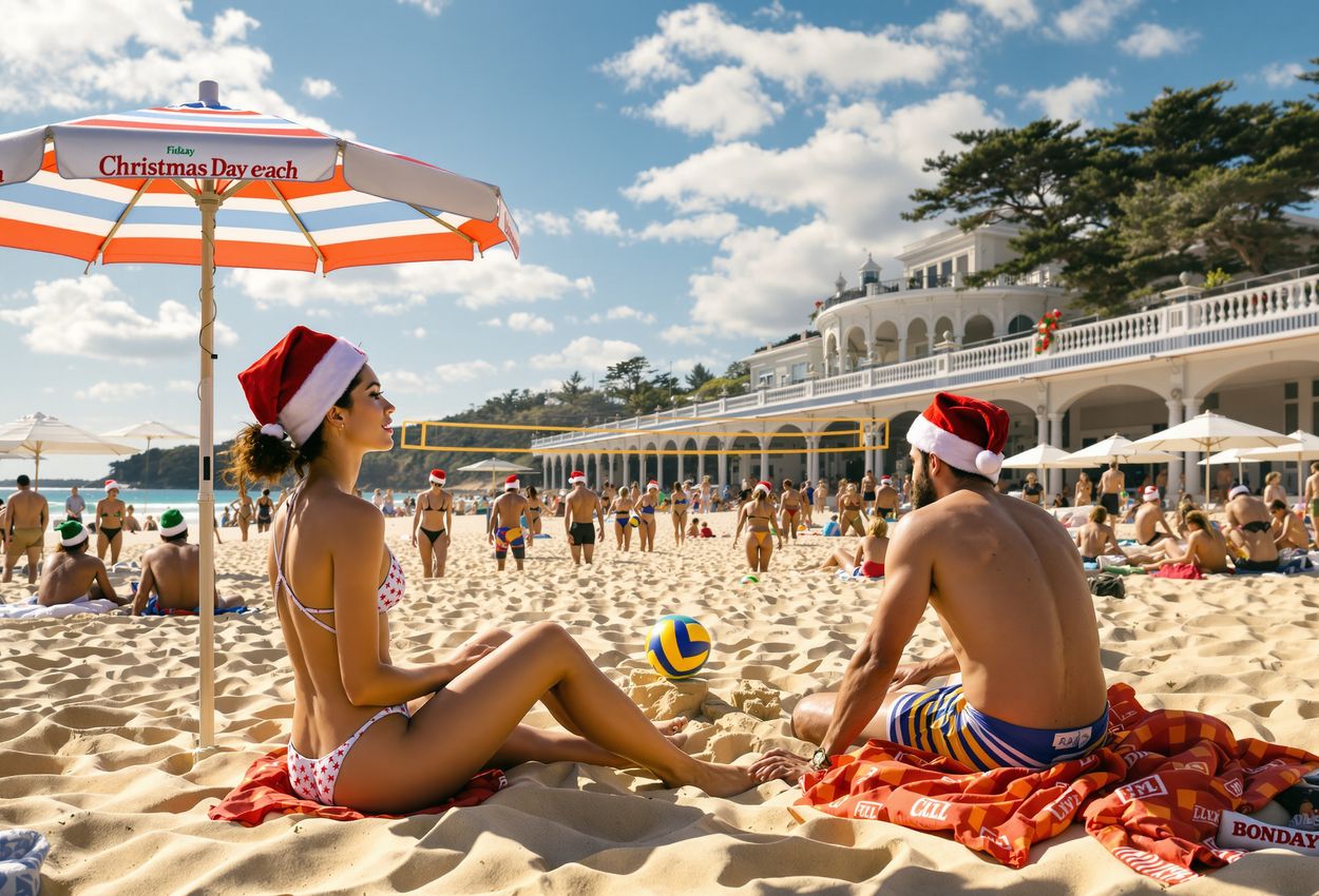 Christmas Day at Bondi Beach: Festive Sun, Surf and Pavilion in Summer Light A wide beach scene of Bondi Beach on Christmas Day 2025: sunlit shoreline crowded with people in beachwear and Santa hats, volleyball game mid‑action in the middle ground, the heritage Bondi Pavilion festively decorated in the background under a clear blue sky.