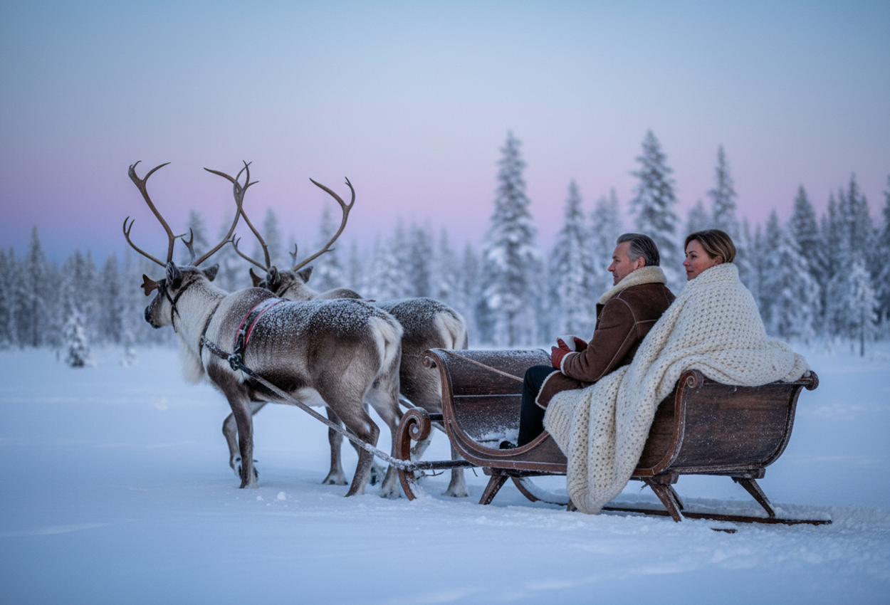 Reindeer Sleigh Ride Through Twilight Snow Forest in Finnish Lapland A hyperrealistic photograph capturing two reindeer pulling a wooden sleigh through a snow‑covered spruce forest at twilight in Lapland. The scene shows two warmly wrapped passengers, crisp snowy textures in foreground, softly blurred forest background, and pastel blue‑pink twilight sky.