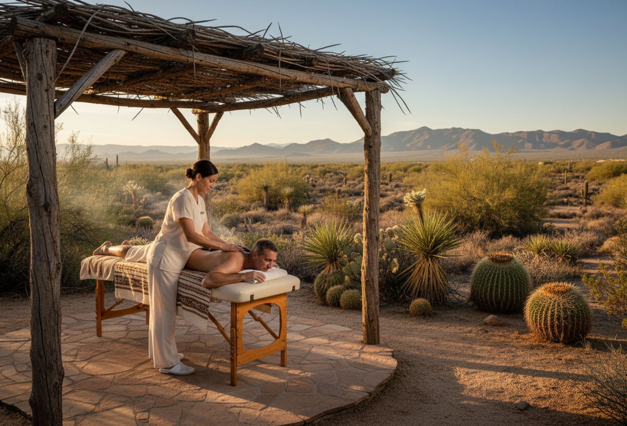 A massage table under a rustic ramada of desert wood and ocotillo in the Sonoran Desert at late‑afternoon on December 7, with a therapist applying warm stones to a guest’s back, surrounded by native cacti and soft golden light.