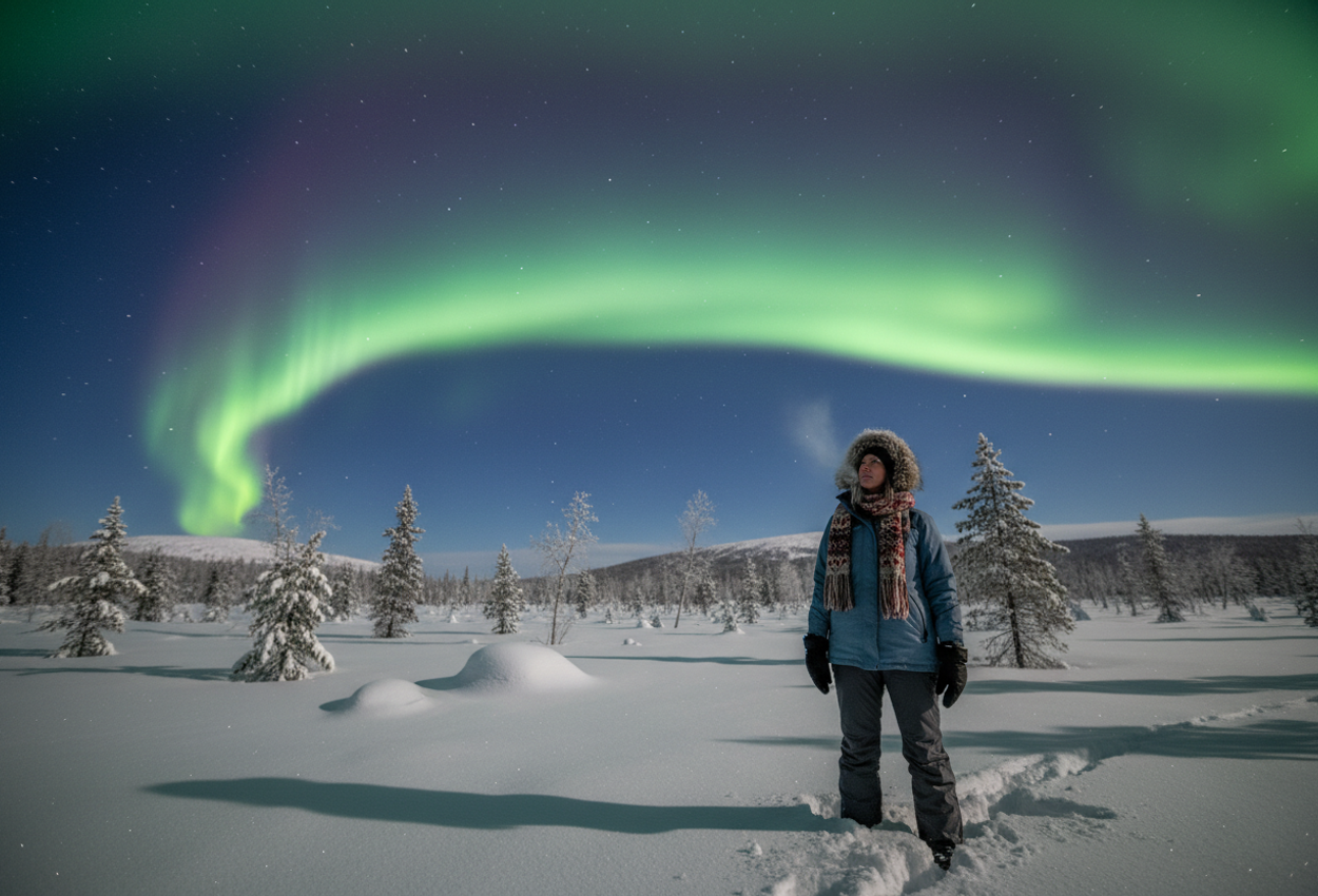 A snow‑covered Alaskan landscape near Fairbanks at night with a woman wearing winter gear standing in the foreground, snow crystals and fabric fibers visible, looking up at a green and purple aurora arching across the sky over distant frosted trees and hills.