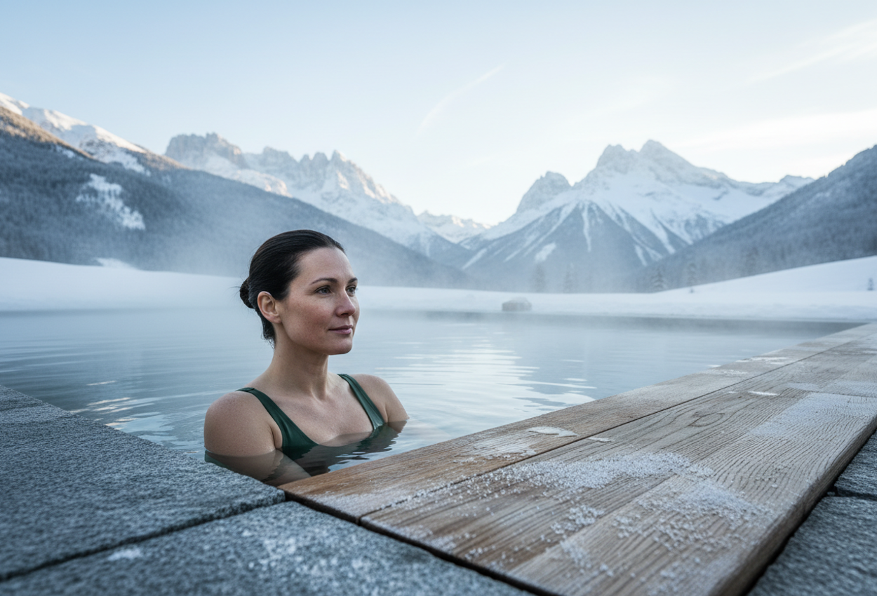 A woman relaxes in an outdoor heated pool at a luxury alpine spa, surrounded by steam, frosted wood and stone, and dramatic snow‑covered mountains under soft winter light.