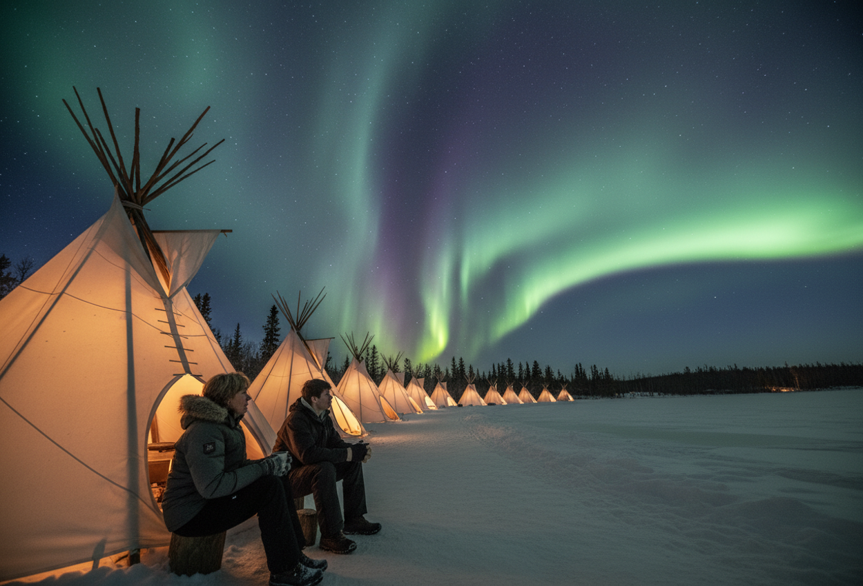 A serene night scene of Aurora Village near Yellowknife, showing glowing teepees with people silhouetted inside, under vibrant green and purple northern lights reflected on a frozen lake.