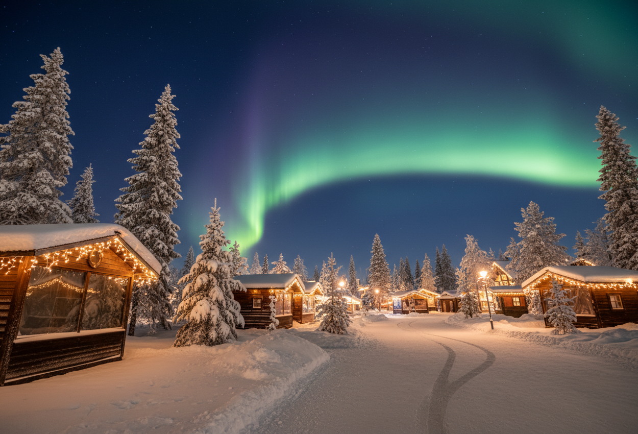 A nighttime winter photograph of Rovaniemi’s Santa Claus Village on December 1, 2025, showing snow‑covered festive stalls and cabins illuminated by warm lights in the foreground, with vibrant green and purple aurora borealis dancing across the sky in the background, framed using thoughtful composition and layered depth.