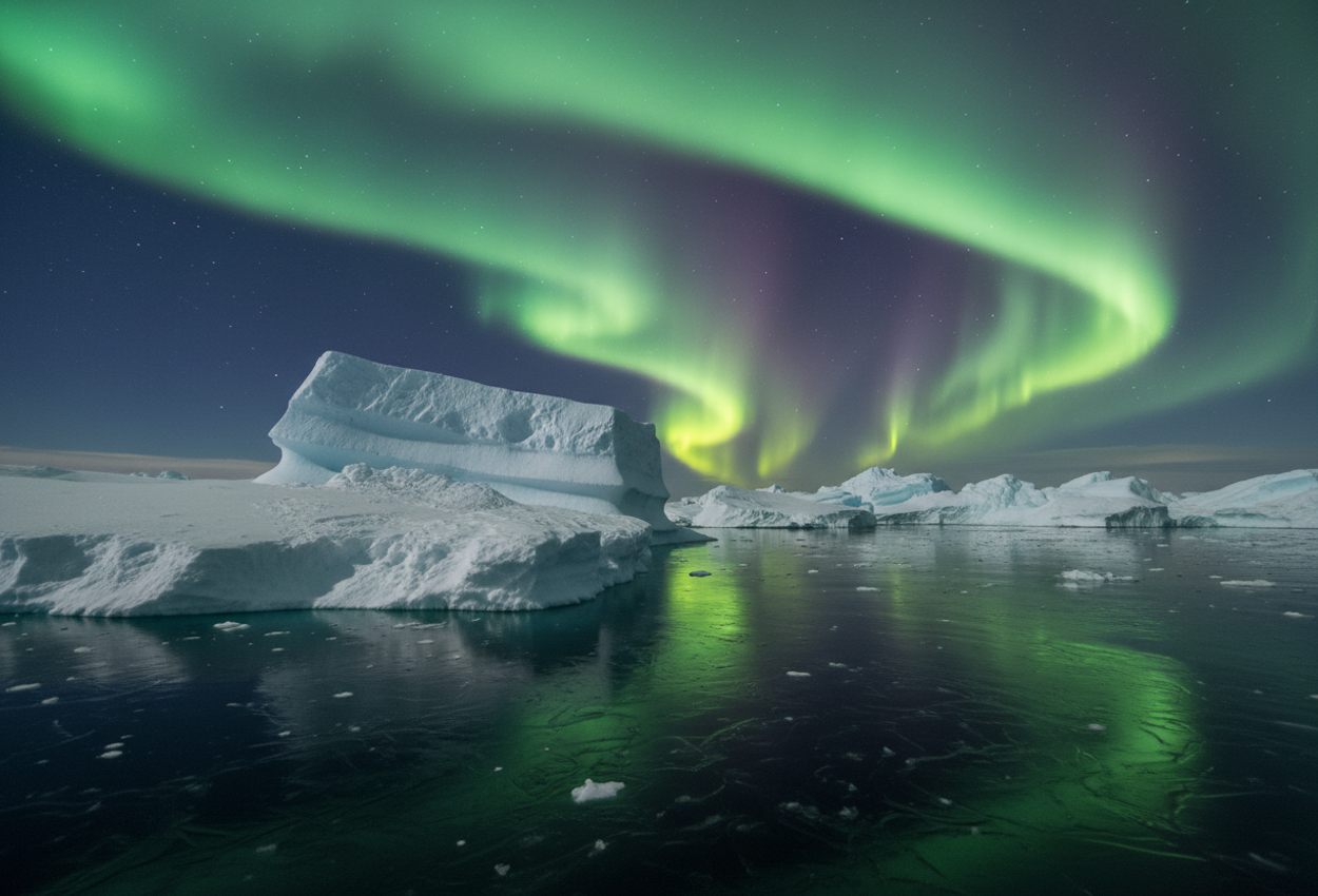 A wide‑angle nighttime photograph of Ilulissat Icefjord, Greenland on December 1, 2025: massive icebergs in dark water reflect vibrant green and violet northern lights, creating a dramatic Arctic scene with sharp crystalline textures and deep atmospheric clarity.