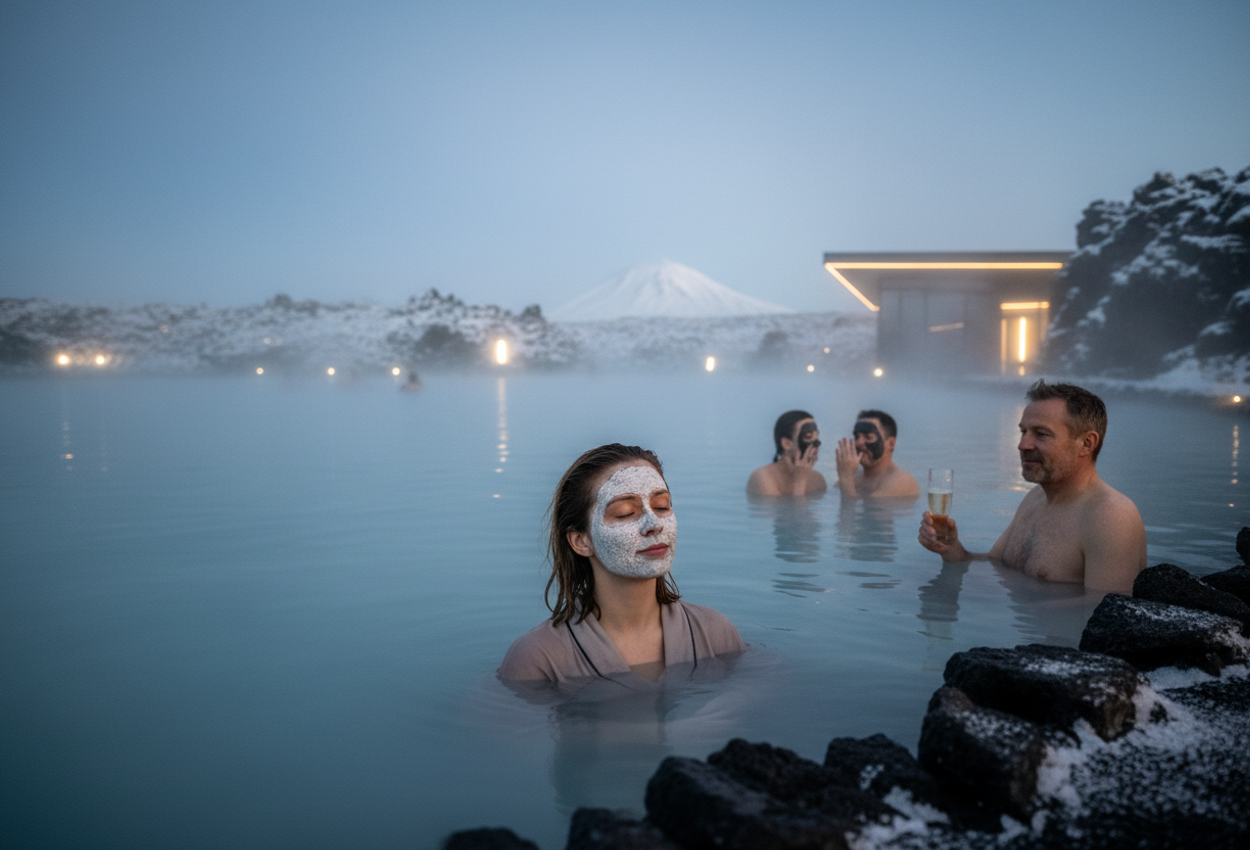A twilight scene showing people relaxing in the steaming milky‑blue geothermal waters of Iceland’s Blue Lagoon in December. Snow‑covered lava fields and the spa’s modern architecture form the backdrop under soft, cold light, while foreground figures with realistic skin detail and mud masks convey warmth and relaxation in winter.