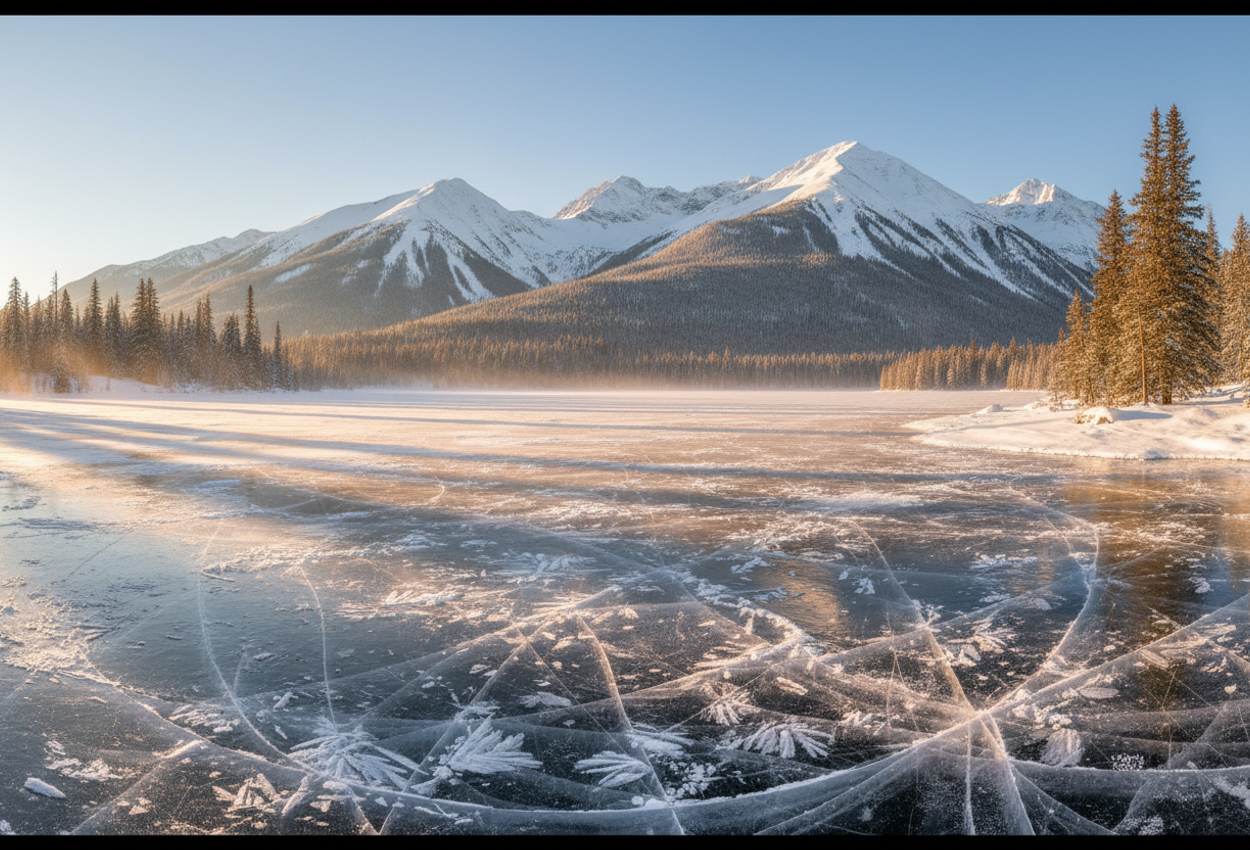Photo of a tranquil winter scene showing snow‑covered mountains glowing in soft late‑afternoon light above a clear frozen lake with scattered snow‑dusted trees.