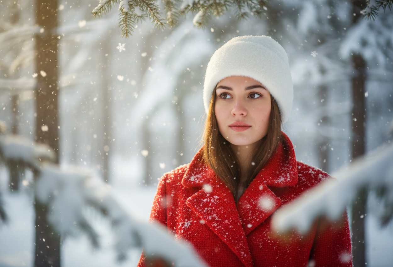 A young woman in a bright red coat and white hat stands in a snowy forest, softly lit by diffused light. Falling snow and snow-covered trees surround her in a serene, elegant winter portrait.