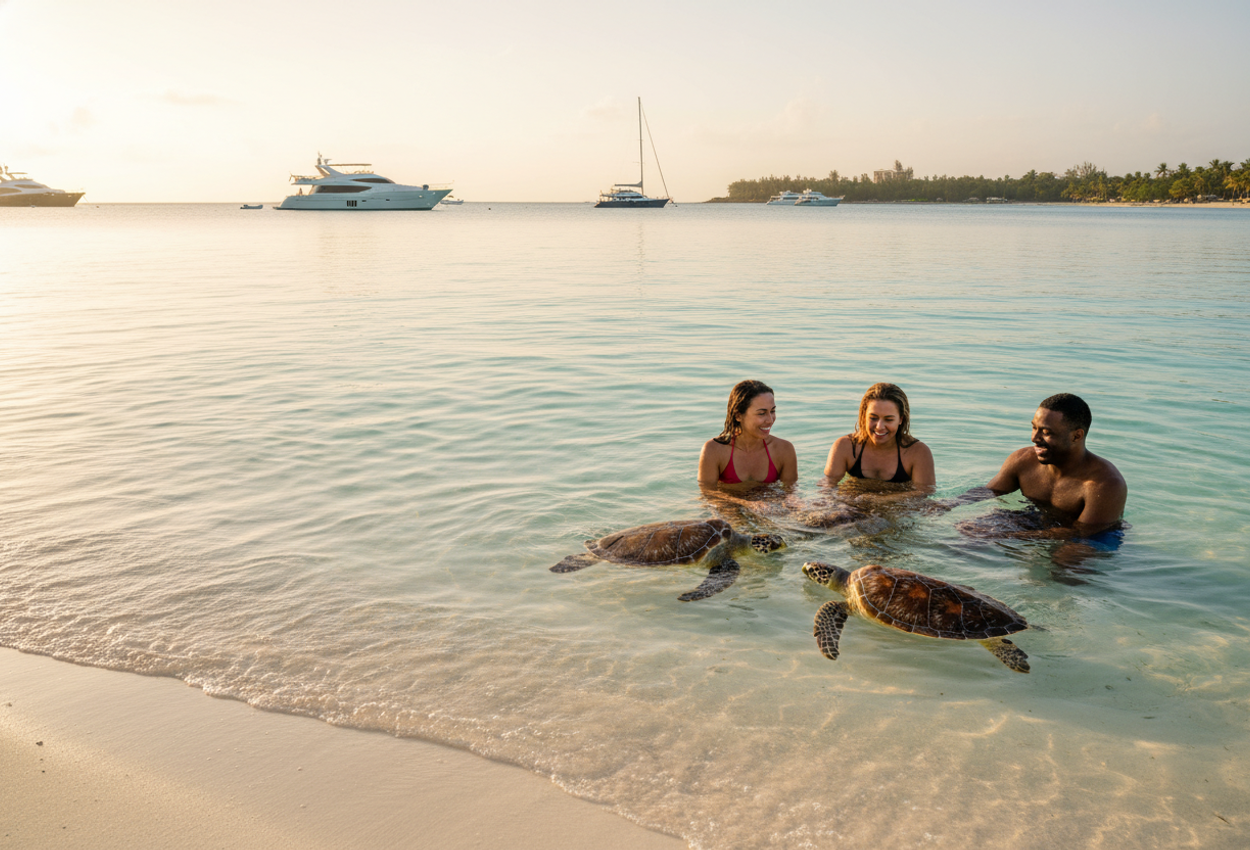 A dawn scene capturing three adults swimming with green and hawksbill sea turtles in the crystal-clear turquoise waters off Paynes Bay, Barbados, with elegant yachts offshore and soft golden light illuminating the white sand beach.