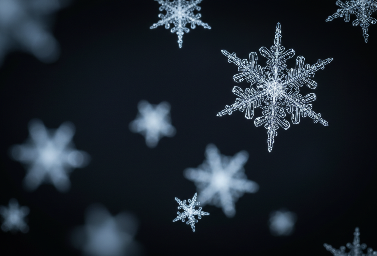 A hyper‑detailed close‑up photograph showing individual snowflakes falling against a dark background. Each snowflake’s intricate crystalline structure is sharply in focus, softly lit by diffused cool light, with a dreamy shallow‑depth‑of‑field effect creating ethereal visual depth.