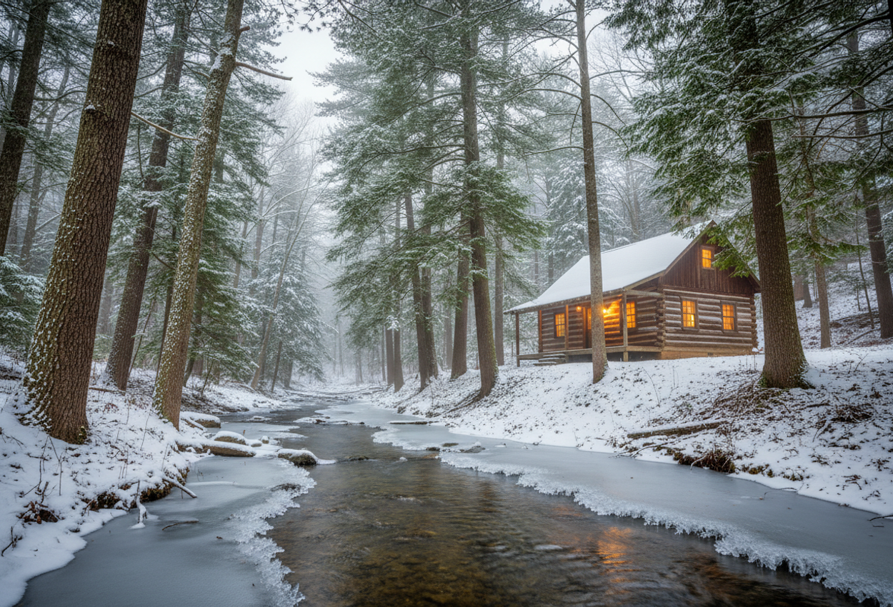 In a landscape photograph, a solitary rustic cabin glows with warm light from its windows, nestled beside a partly frozen creek amid snow‑covered evergreen and hardwood forest in late December near Asheville, North Carolina. Soft afternoon light filters through an overcast winter sky.