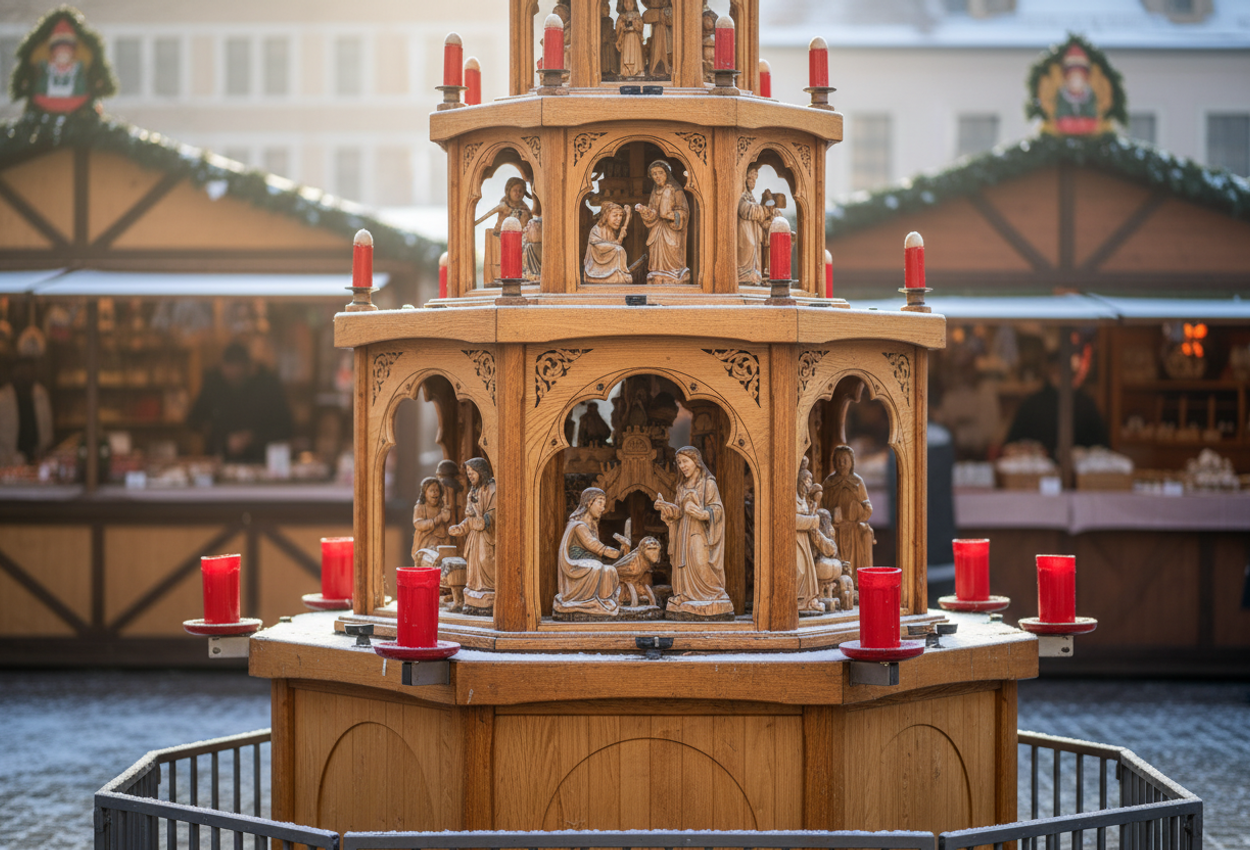 A medium‑shot photograph of the giant wooden Christmas pyramid at Dresden’s Striezelmarkt, showing carved wooden Nativity and mining figures, subtle frost on the cobblestones, soft winter daylight, and blurred festive stalls in the background.