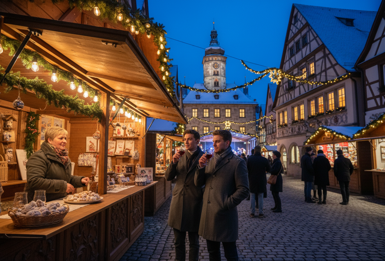 A winter night view of Rothenburg ob der Tauber’s Reiterlesmarkt captured during blue hour on December 15, 2025, showing illuminated medieval market stalls, visitors sipping mulled wine, hand‑crafted Christmas decorations, and the glowing town hall in atmospheric soft light.