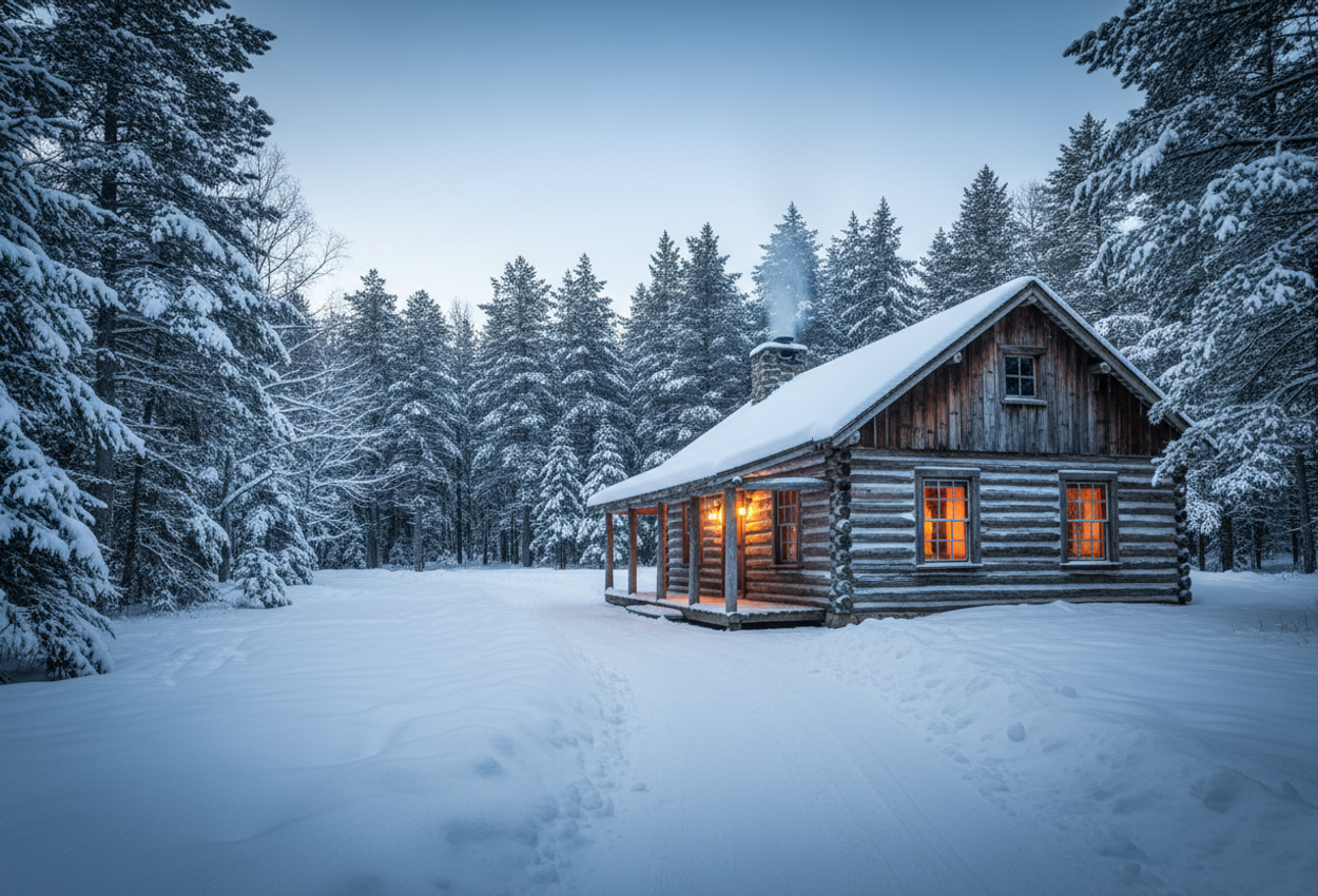 A snow‑blanketed rustic lodge set deep in a dense forest in Maine’s 100‑Mile Wilderness, with warm wood‑stove light glowing through frosted windows and gas‑lamp lanterns on the porch, illuminated in soft late‑afternoon winter light, with a snow‑covered path leading toward the building under a clear pale blue sky.