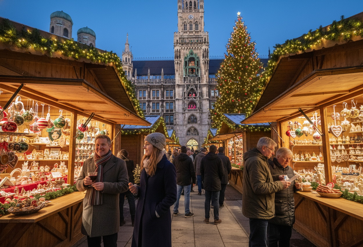 A panoramic evening view of Munich’s Marienplatz Christmas market on December 11, 2025: festively lit wooden stalls selling handmade ornaments and treats, shoppers enjoying mulled wine under a glowing giant Christmas tree, with the illuminated neo‑Gothic New Town Hall forming a dramatic backdrop.