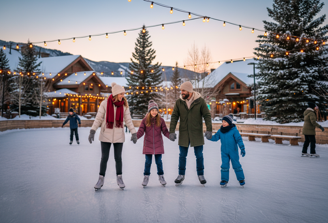 A family of four—parents and two children—are ice skating together on a large outdoor rink at Keystone Resort in Colorado at dusk, surrounded by snow‑covered trees, festive lights, and warm evening glow.