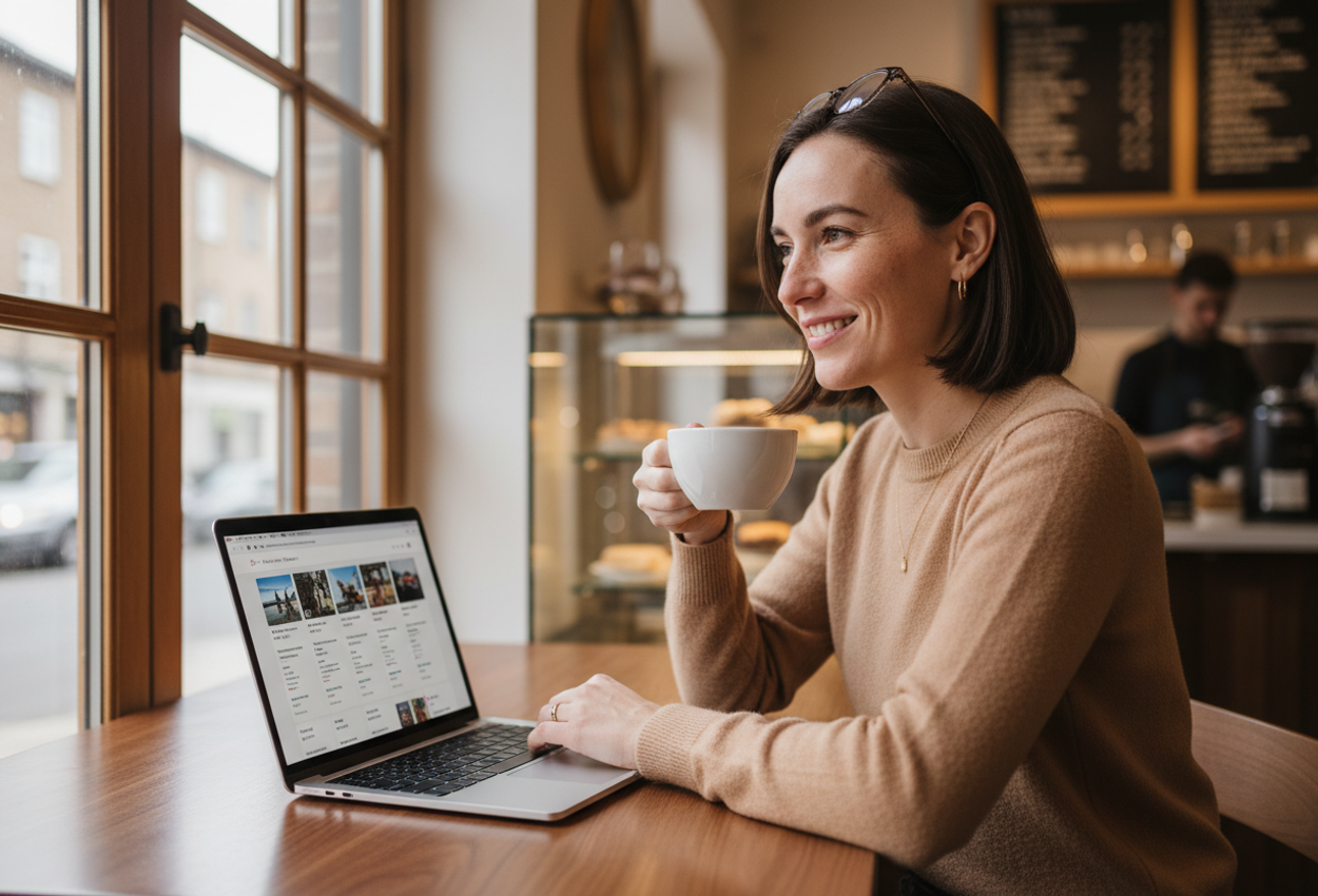 A smiling woman in her late 20s is seated in a warmly lit coffee shop on December 1, 2025, holding a coffee cup and working on her laptop. Natural daylight softly highlights her face and the flight booking screen, while wooden table textures and soft background blur evoke a cozy, inviting scene.