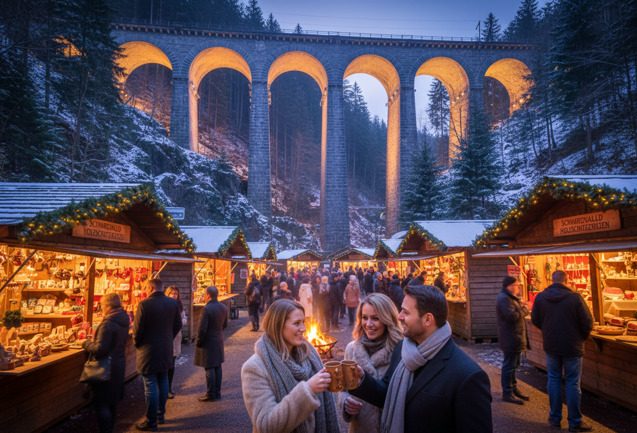 Photograph of a festive evening Christmas market nestled beneath a historic multi‑arched railway viaduct in the Black Forest. Wooden stalls glow with firelight as visitors in winter attire sip mulled wine among bonfires and snow‑dusted firs, against a backdrop of warm glowing arches and forest twilight.