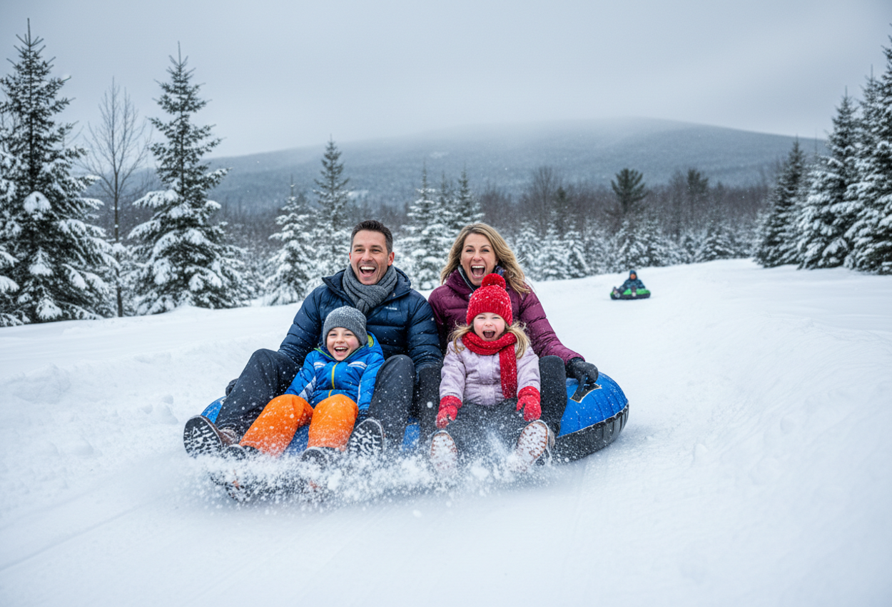 A winter scene at Smugglers’ Notch Resort: a family dressed in winter gear rides a snow tube down a snow‑covered slope lined with evergreens under an overcast sky, capturing pure joy in a candid moment.