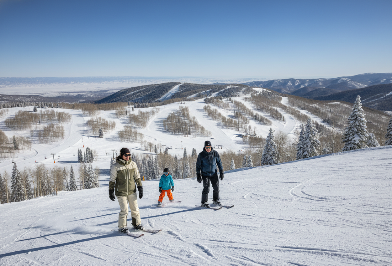 A panoramic photograph capturing a clear blue‑sky morning at Steamboat Resort, Colorado. Viewed from a high summit, the image shows skiers and snowboarders descending sun‑lit snow trails winding through glades of aspens and evergreens, with textured snow and distant mountain ridges creating a serene, immersive winter landscape.
