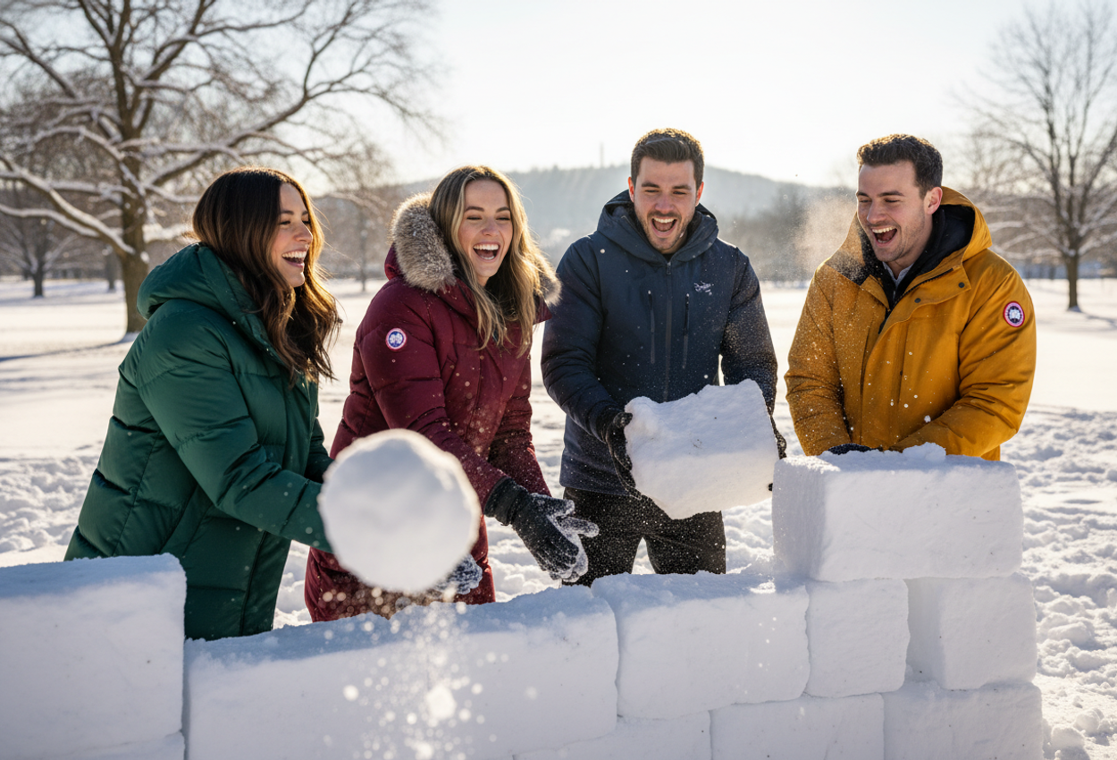 A group of four friends in colorful designer winter jackets freeze in mid‑action as they build a partially constructed snow fort in a sunlit park. Snowballs fly through the air; crisp textures of snow and fabric contrast with bare trees and bright sky.