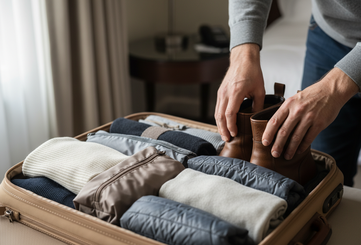 Close-up of a traveler’s hands placing leather-lined boots into a neatly organized suitcase with rolled winter clothes and compression bags under soft daylight, showing textures of fabric and skin.