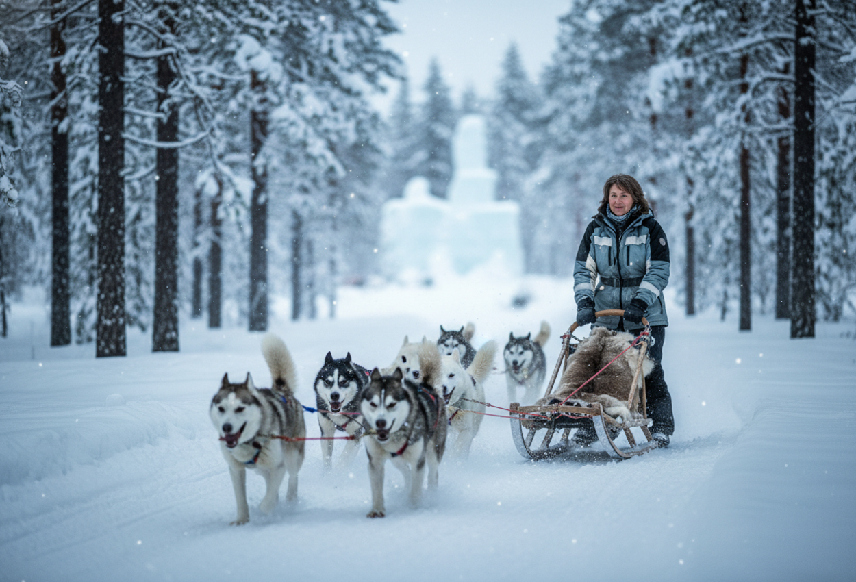 A hyperrealistic, high-resolution image of a female musher guiding a team of huskies racing through a snow‑covered pine forest near the Icehotel in Swedish Lapland on January 10, 2026. The cold, crisp air and fine details like fur, frost, and misty breath are vividly described.