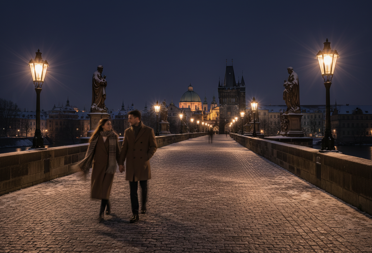 Night‑time scene of Charles Bridge in Prague on December 22, showing a softly lit, snow‑covered bridge with glowing gas lamps, flowing river below, and a blurred couple walking hand‑in‑hand, captured in long‑exposure with rich textures and warm ambiance.
