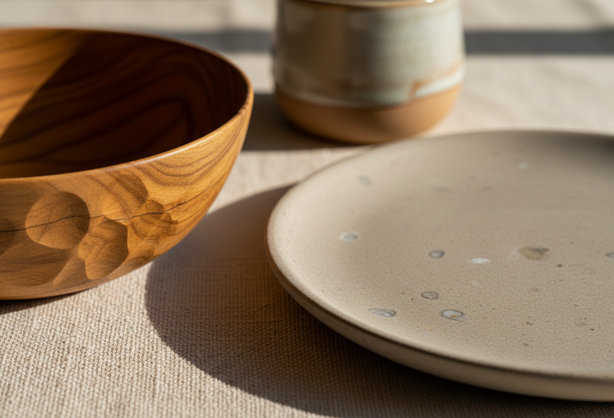 A close‑up daytime photograph showcasing handcrafted wooden and stone tableware with visible tool marks, warm golden‑brown wood, cool neutral stone, and intricate textures including mineral speckles and glaze variations, arranged in a macro composition to highlight artisanal detail and tactile realism.