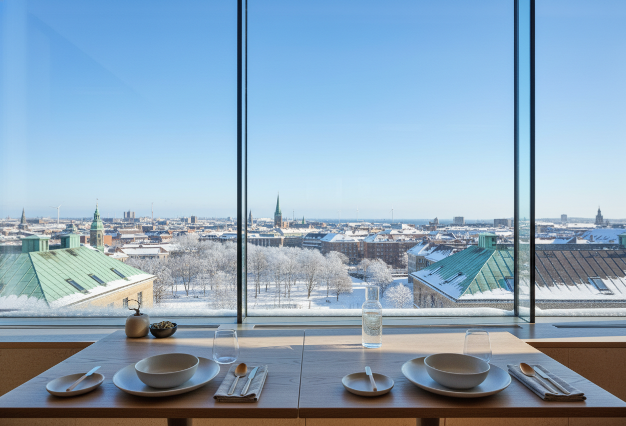 A daylight panoramic view through large glass windows from Geranium’s eighth‑floor dining room in Copenhagen, showing a snow‑covered city with green patinated copper rooftops, Parken Stadium park treetops, a minimalist Nordic dining table in the foreground, and a clear blue winter sky.