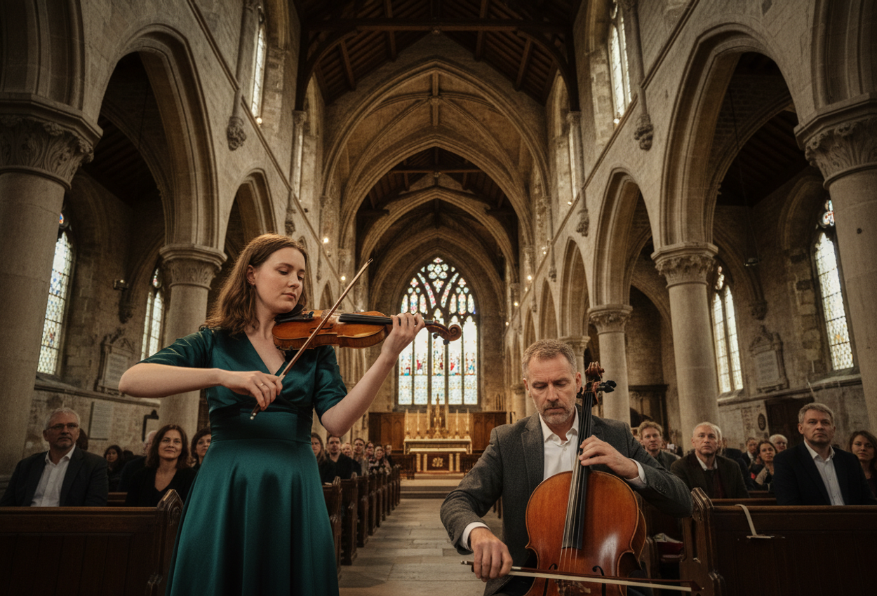 An evening scene inside a historic stone‑arched church, featuring a focused female violinist and male cellist illuminated by warm lights, surrounded by softly seated audience, with detailed textures of ancient architecture and rich fabrics.