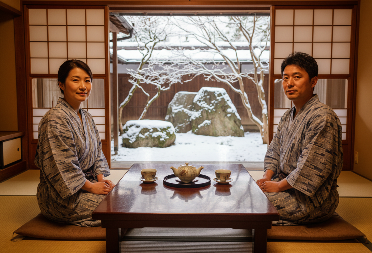 Interior of a traditional Japanese ryokan in winter. A couple in yukata relaxes on tatami mats beside a low wooden table set with tea, soft warm light filling the room, and a snow‑covered garden visible through shoji screens.